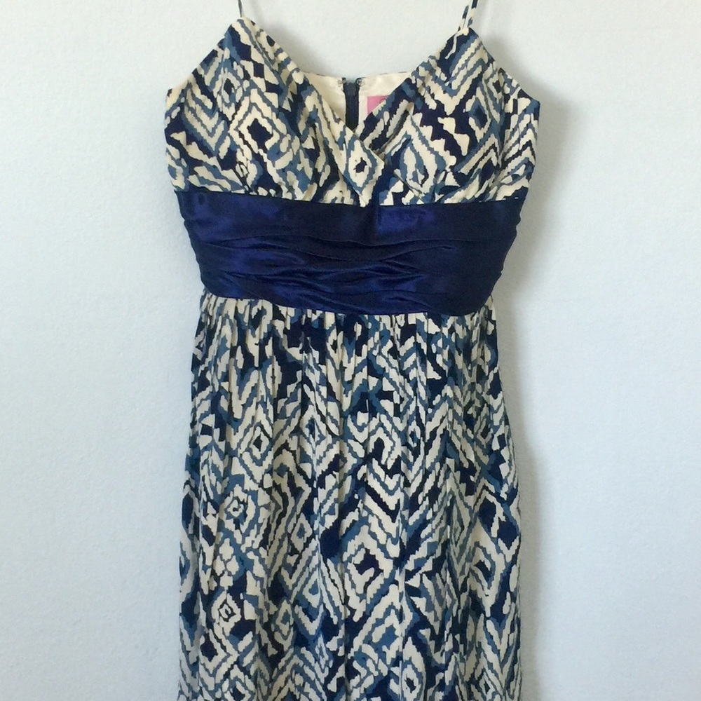 Eliza J blue/ cream silk spaghetti strap dress